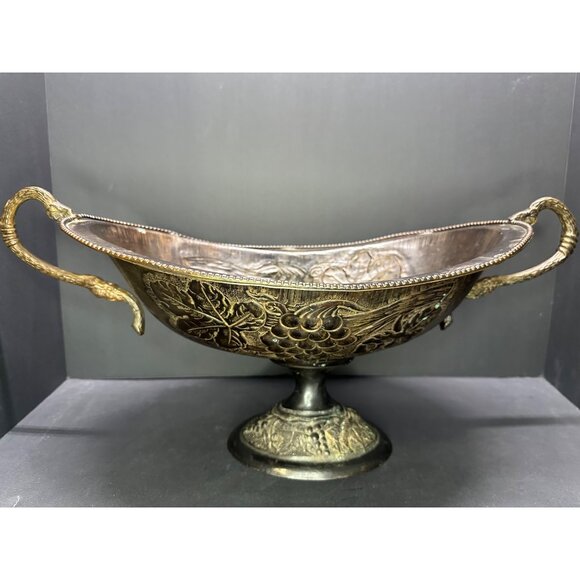 Vintage Brass Table Centerpiece Bowl Pedestal Embossed Fruit with Handles 16" L - Picture 5 of 14